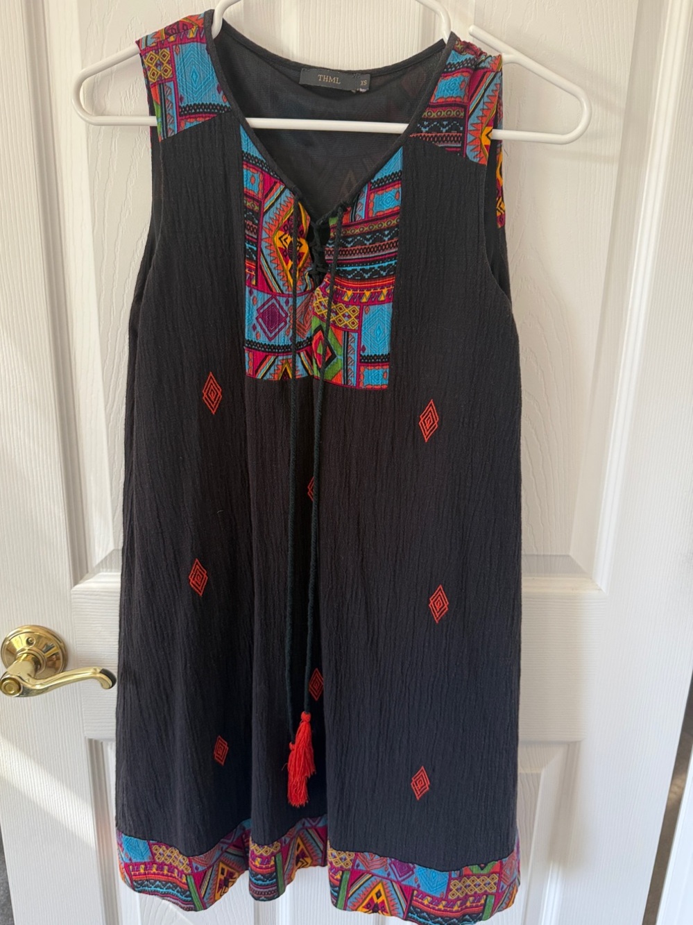 THML Black Sleeveless A-Line Dress with Multicolor Embroidered Trim